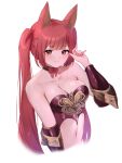  1girl animal_ears bangs bare_shoulders bow bowtie breasts cerberus_(shingeki_no_bahamut) choker cleavage closed_mouth commentary_request cropped_torso dog_ears granblue_fantasy hand_up highres light_blush lips long_hair looking_at_viewer medium_breasts navel orange_eyes partial_commentary pepeo red_bow red_bowtie red_eyes simple_background solo twintails upper_body vambraces white_background 
