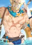  1boy abs bara flower gerard_(world_flipper) helmet large_pectorals male_focus male_swimwear mature_male muscular muscular_male navel nipples pectorals plume scar scar_on_chest sokimi_(sosojovan) solo spiked_helmet stomach swim_briefs toned toned_male topless_male water world_flipper 