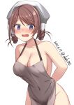  1girl akahi242 alternate_costume apron arms_behind_back bangs blue_eyes blush braid breasts chougei_(kancolle) cleavage commentary_request covered_navel dated eyebrows_visible_through_hair grey_apron hair_between_eyes hair_ribbon hair_rings highres kantai_collection large_breasts looking_at_viewer naked_apron neckerchief nose_blush one-hour_drawing_challenge open_mouth ribbon simple_background solo twin_braids twitter_username white_background white_neckerchief white_ribbon 