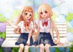  2girls :3 :d bangs blonde_hair blunt_bangs blurry blush bokeh brown_hair bush collared_shirt depth_of_field flower futaba_anzu hand_on_own_thigh highres holding holding_umbrella hydrangea ichihara_nina idolmaster idolmaster_cinderella_girls long_hair looking_at_viewer low_twintails multiple_girls neck_ribbon on_bench open_mouth orange_hair outdoors outstretched_arm pleated_skirt rain ribbon rino_cnc school_uniform shirt shirt_tucked_in signature sitting skirt sky smile thick_eyebrows twintails umbrella very_long_hair yellow_eyes 