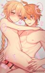  2boys abs absurdres aether_(genshin_impact) ahoge alternate_language ass bangs bar_censor blonde_hair blue_eyes blush censored closed_mouth completely_nude earrings english_text genshin_impact highres jewelry long_hair male_focus multiple_boys muscular muscular_male nipples nude open_mouth orange_hair penis sex sg_(under_siiiiii) single_earring smile tartaglia_(genshin_impact) testicles yaoi yellow_eyes 