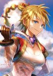  1girl blonde_hair blue_eyes body_markings breasts chrono_cross cleavage cloud cloudy_sky cropped_jacket dagger facial_mark gloves hair_between_eyes hair_ribbon haru_(toyst) holding holding_dagger holding_weapon jacket jewelry kid_(chrono_cross) knife looking_at_viewer medium_breasts midriff multi-tied_hair necklace outdoors ponytail red_jacket ribbon shadow shirt sky smile solo upper_body weapon white_shirt 