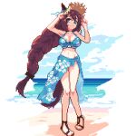  1girl alternate_costume animal_ears bikini blue_bikini blue_eyes braid braided_ponytail breasts brown_hair cleavage closed_mouth ears_through_headwear hand_on_headwear hat heel_up highres horizon horse_ears horse_girl horse_tail large_breasts long_hair looking_at_viewer navel pixel_art sand sandals sarong smile solo standing straw_hat super_creek_(umamusume) swimsuit tail take2uchi umamusume very_long_hair water 