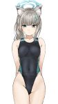  1girl :o animal_ear_fluff animal_ears arms_behind_back blue_archive breasts cameltoe collarbone commentary competition_swimsuit covered_navel covered_nipples cowboy_shot expressionless gatsby_ssl grey_hair halo highres looking_at_viewer one-piece_swimsuit shiroko_(blue_archive) shiroko_(swimsuit)_(blue_archive) side_ponytail simple_background skin_tight solo swimsuit white_background 