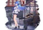  1girl alternate_costume azur_lane bakery bare_legs bare_shoulders black_shorts blue_gemstone blue_hair casual cat cutoffs day expressionless floating_hair from_side full_body gem hands_in_pockets headgear helena_(azur_lane) helena_(meta)_(azur_lane) high_heels highres hood hooded_jacket jacket jewelry kyl490 leg_up legs long_hair looking_at_viewer looking_to_the_side necklace off_shoulder outdoors red_eyes red_gemstone shirt shop short_shorts shorts sleeveless sleeveless_shirt solo striped striped_shirt thighs tiptoes vertical-striped_shirt vertical_stripes very_long_hair walking white_jacket white_shirt 