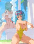  2girls aqua_hair areola_slip ass back-to-back bangs bare_shoulders barefoot blue_eyes blue_hair blue_sky breasts bulma bursting_breasts capsule_corp cleavage crop_top crop_top_overhang cutesexyrobutts day diving_mask diving_mask_on_head dragon_ball dragon_ball_z goggles goggles_on_head highleg highleg_swimsuit highres huge_ass kame_house kneeling large_breasts long_hair looking_at_viewer maron_(dragon_ball) medium_hair multiple_girls nipples off-shoulder_shirt off_shoulder one-piece_swimsuit see-through shirt sideboob sitting sky smile straight_hair summer swimsuit thong trait_connection yellow_swimsuit 