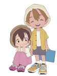  1boy 1girl alternate_costume brown_hair child closed_eyes digimon digimon_adventure female_child hamoo8686 hat highres korean_commentary pants pink_footwear pink_pants red_eyes simple_background smile takaishi_takeru yagami_hikari 