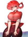  1girl abs bangs black_eyes black_pants braid braided_ponytail breast_press breasts cameltoe chinese_clothes curvy eyebrows_visible_through_hair fumio_(rsqkr) hair_between_eyes highres large_breasts looking_at_viewer navel pants ranma-chan ranma_1/2 red_hair red_shirt saotome_ranma shirt short_sleeves sitting sleeves_rolled_up solo tangzhuang thick_thighs thighs wristband 