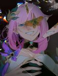  1girl :d absurdres astroprinceps bangs black_gloves blue_eyes breasts bug butterfly cleavage elf elysia_(honkai_impact) gloves grin hair_ornament highres honkai_(series) honkai_impact_3rd long_hair one_eye_covered pink_hair pointy_ears reflection shards single_glove smile solo teeth yellow_butterfly 