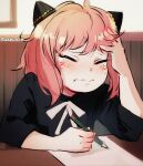  1girl anya_(spy_x_family) artist_name closed_eyes crying facepalm female_child hairpods hand_on_own_head highres holding holding_pencil paper pencil pink_hair sharl0ck solo spy_x_family studying writing 