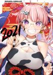  1girl 2021 ahoge animal_print bare_shoulders breasts calligraphy calligraphy_brush cleavage clothing_cutout colored_inner_hair cow_horns cow_print ear_piercing glasses grin hands_up highres horns large_breasts long_hair looking_at_viewer multicolored_hair negi-mamire new_year original paintbrush piercing pink_hair purple_eyes sash shirt sleeveless sleeveless_shirt smile solo streaked_hair turtleneck upper_body 
