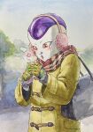  1boy artist_name bag blush breath coat dragon_ball dragon_ball_z earmuffs energy_ball frieza hammar_dobucof highres male_focus mittens open_mouth painting_(medium) piccolo pink_hair purple_lips scarf signature solo striped striped_scarf surprised torn_clothes traditional_media tree watercolor_(medium) yellow_coat 