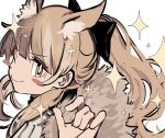  1girl ;) animal_ear_fluff animal_ears arknights bangs blemishine_(arknights) blush_stickers brown_eyes brown_hair closed_mouth eyebrows_visible_through_hair fur_trim hand_up highres long_hair looking_at_viewer one_eye_closed ponytail simple_background smile solo sparkle tetuw upper_body v-shaped_eyebrows white_background 