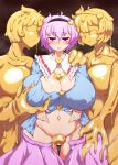  3girls alternate_breast_size blush breast_grab breasts button_gap buttons cleavage clone clothes_pull covering covering_crotch expressionless frown grabbing groping hair_ornament heart heart_button heart_hair_ornament highres huge_breasts komeiji_satori light_purple_hair monster_girl multiple_girls navel pandain plump pulled_by_another purple_eyes short_hair skirt skirt_pull slime_(substance) slime_girl stomach sweat thigh_gap touhou 