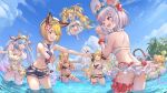  6+girls andira_(granblue_fantasy) anila_(granblue_fantasy) animal_ears bangs bikini blonde_hair blue_hair blue_shorts breasts catura_(granblue_fantasy) cleavage closed_eyes closed_mouth coconut_tree commentary_request day granblue_fantasy highres horns huanghyy kumbhira_(granblue_fantasy) large_breasts long_hair mahira_(granblue_fantasy) multiple_girls ocean one_eye_closed open_mouth palm_tree red_eyes short_hair shorts sky small_breasts swimsuit tail thigh_strap tree twintails vajra_(granblue_fantasy) vikala_(granblue_fantasy) wading water white_hair yellow_eyes 