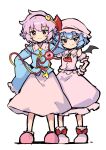  2girls ascot bat_wings black_hairband blouse blue_hair blue_shirt collared_shirt eyeball eyebrows_visible_through_hair frilled_shirt_collar frills hairband hat heart heart_of_string highres komeiji_satori long_skirt long_sleeves looking_at_viewer messy_hair miz_(mizillustration) mob_cap multiple_girls pink_hair pink_shirt pink_skirt purple_eyes red_ascot red_eyes remilia_scarlet ribbon_trim shirt short_hair simple_background skirt skirt_set slippers smile third_eye touhou vampire white_background wide_sleeves wings wrist_cuffs 