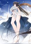  1girl :o antlers azur_lane bare_legs black_hair breasts clothes_lift dress dress_lift from_below green_eyes high_heels highres horns indomitable_(azur_lane) large_breasts legs long_legs looking_at_viewer open_mouth pumps revealing_clothes solo thighs underboob white_dress won_(az_hybrid) 