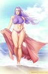  1girl absurdres beach bikini breasts clenched_hands collarbone english_commentary forehead freeglass full_body furrowed_brow hair_between_eyes hair_down highres huge_breasts lens_flare linea_alba lips long_hair long_legs looking_at_viewer midriff navel ocean pinup_(style) purple_eyes purple_hair purple_swimsuit rose_(street_fighter) solo street_fighter summer swimsuit tankini thigh_gap thighs toned towel walking wind wind_lift 