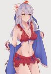  1girl animal_on_head bangs bare_shoulders bikini bikini_skirt bird bird_on_head blue_scarf breasts cleavage collarbone cowboy_shot emi_(kottonart) eyebrows_visible_through_hair fire_emblem fire_emblem:_radiant_dawn fire_emblem_heroes flower front-tie_bikini front-tie_top gloves grey_background grey_hair groin hair_flower hair_ornament hair_ribbon highres long_hair medium_breasts micaiah_(fire_emblem) miniskirt navel official_alternate_costume on_head red_bikini red_gloves red_scarf red_swimsuit ribbon scarf simple_background skirt smile solo swimsuit towel twitter_username yellow_eyes yune_(fire_emblem) 