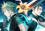  2boys armor artist_name black_hair blonde_hair blue_background blue_eyes blue_shirt buster_sword cloud_strife crisis_core_final_fantasy_vii earrings final_fantasy final_fantasy_vii final_fantasy_vii_remake flower gloves grin hair_between_eyes hair_slicked_back haru_(toyst) holding holding_sword holding_weapon jewelry looking_to_the_side male_focus materia medium_hair multiple_boys muscular muscular_male over_shoulder pink_ribbon ribbon shirt short_hair shoulder_armor single_earring sleeveless sleeveless_turtleneck smile spiked_hair suspenders sword teeth turtleneck upper_body weapon weapon_over_shoulder yellow_flower zack_fair 