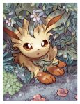  :o border bright_pupils brown_eyes commentary_request flower leaf leafeon lying matsuri_(matsuike) no_humans open_mouth pink_flower pokemon pokemon_(creature) solo white_border white_flower white_pupils 