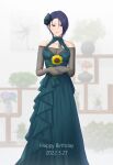  1girl 2022 absurdres alternate_costume bare_shoulders black_flower black_rose blue_dress blush bodystocking breasts collarbone commentary_request dated dress english_text eyebrows_visible_through_hair fire_emblem fire_emblem:_three_houses fire_emblem_heroes flower formal grin hair_flower hair_ornament happy_birthday highres holding holding_flower homomomomon lips looking_at_viewer medium_breasts off-shoulder_dress off_shoulder official_alternate_costume pink_lips purple_eyes purple_hair rose shamir_nevrand short_hair smile solo sunflower teeth yellow_flower 