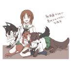  1girl animal_on_lap animalization bangs black_hair black_legwear black_neckerchief blouse brown_eyes brown_hair cat closed_mouth commentary dog girls_und_panzer green_skirt grey-framed_eyewear hasekura_(hachinochun) highres kadotani_anzu kawashima_momo koyama_yuzu long_hair long_sleeves looking_at_another miniskirt monocle mouth_hold neckerchief nishizumi_miho no_shoes on_lap ooarai_school_uniform open_mouth pleated_skirt sailor_collar school_uniform semi-rimless_eyewear serafuku shirt short_hair sitting skirt smile socks sweatdrop translated twintails under-rim_eyewear wariza white_background white_sailor_collar white_shirt 