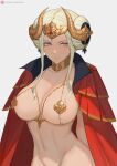  1girl areola_slip bangs blush breasts cape circlet collar collarbone covered_nipples double_bun edelgard_von_hresvelg fire_emblem fire_emblem:_three_houses hair_bun highres horn_ornament horns large_breasts long_hair looking_at_viewer lsls metal_collar navel parted_bangs purple_eyes red_cape revealing_clothes sidelocks solo white_hair 