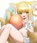  1girl animal_ear_fluff animal_ears arknights artist_name ball bangs bikini blush bow_hairband breasts collarbone commentary_request fox_ears fox_girl fox_tail green_eyes hair_rings hairband highres holding holding_ball kesuk0 kitsune looking_at_viewer multiple_tails open_mouth oripathy_lesion_(arknights) single_wrist_cuff small_breasts smile solo suzuran_(arknights) swimsuit tail wrist_cuffs 