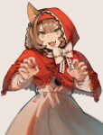  &gt;:) 1girl absurdres alternate_costume animal_ears axis_powers_hetalia belgium_(hetalia) bow brown_hair claw_pose claws cosplay fangs frilled_bow frills green_eyes hair_intakes halloween_costume headband highres kemonomimi_mode little_red_riding_hood_(grimm) little_red_riding_hood_(grimm)_(cosplay) looking_at_viewer mi_kan1609 paw_pose red_headband red_hood short_hair skin_fangs straight-on v-shaped_eyebrows wavy_hair wolf_girl 