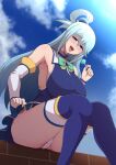  1girl aqua_(konosuba) ass bangs bare_shoulders blue_eyes blue_footwear blue_hair blue_skirt blue_sky blue_vest blush bow bowtie breast_press breasts brick_wall candy cloud commentary_request day detached_sleeves eyebrows_visible_through_hair food green_bow green_bowtie hair_between_eyes hair_ornament hand_up highres holding holding_candy holding_food holding_lollipop kono_subarashii_sekai_ni_shukufuku_wo! large_breasts lollipop long_hair long_sleeves looking_at_viewer outdoors panties ponponmaru saliva saliva_trail sitting skirt sky smile solo standing sweat thighs tongue tongue_out underwear very_long_hair vest 
