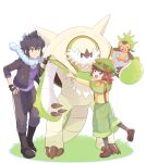  1boy 1girl alain_(pokemon) bangs black_hair blue_scarf boots brown_hair capelet capri_pants chesnaught chespin closed_mouth commentary_request fingerless_gloves gloves grass green_capelet green_headwear green_pants hat highres jacket leg_up mairin_(pokemon) mei_(maysroom) open_clothes open_jacket pants pokemon pokemon_(anime) pokemon_(creature) pokemon_xy_(anime) protected_link purple_shirt scarf shirt shoes short_hair smile standing suspenders yellow_shirt 