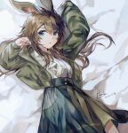 1girl alternate_costume amiya_(arknights) animal_ear_fluff animal_ears arknights arm_up bangs bed_sheet black_skirt blue_eyes brown_hair commentary_request dated eyebrows_visible_through_hair green_jacket hair_between_eyes jacket long_hair long_sleeves looking_at_viewer lying on_back open_clothes open_jacket packiiy parted_lips pleated_skirt rabbit_ears shirt signature skirt solo very_long_hair white_shirt 