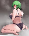  1girl ass back bangs barefoot black_bra black_panties blush bra breasts breath commentary_request full_body green_hair kazami_yuuka large_breasts looking_at_viewer looking_back open_mouth panties red_eyes sadahiro_(chicken_nugget_gyuuniku_aji) short_hair sitting solo sweat touhou underwear underwear_only wariza 