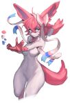  5_fingers anthro blue_eyes breasts eeveelution female fingers fur hair hi_res mammal navel nintendo nude pink_body pink_fur pink_hair pok&eacute;mon pok&eacute;mon_(species) simple_background small_breasts smile solo sylveon video_games white_body white_fur woobin94 