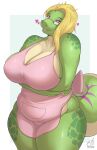  &lt;3 absurd_res anthro apron apron_only bedroom_eyes big_breasts blonde_hair breasts cleavage clothed clothing colored digital_media_(artwork) eyelashes eyewear female glasses green_body hair harnny hi_res huge_breasts iguanid lizard looking_at_viewer mature_anthro mature_female mostly_nude narrowed_eyes open_mouth partially_clothed pink_eyes portrait reptile scalie seductive simple_background smile solo standing thick_thighs three-quarter_portrait three-quarter_view wide_hips 