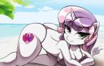 2022 aged_up all_fours anthro anthrofied ass_up beach bikini breasts butt clothing cutie_mark day digital_media_(artwork) equid equine female friendship_is_magic green_eyes hair hasbro hi_res horn mammal my_little_pony plant purple_hair seaside skylight_(artist) smile solo sweetie_belle_(mlp) swimwear thick_thighs tree unicorn water white_body white_skin 