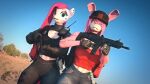  16:9 3d_(artwork) 4k absurd_res anthro assault_rifle athletic backpack bag bottomwear clothing denim denim_clothing desert desert_background digital_media_(artwork) duo equid equine female female/female friendship_is_magic fur gloves gun hair handwear hasbro hat headgear headwear hi_res horse humanoid jeans lagomorph leporid long_ears ludexus mammal medkit muscular muscular_anthro muscular_female my_little_pony pants pink_body pink_fur pink_hair pinkamena_(mlp) pinkamena_diane_pie pinkie_pie_(mlp) pony rabbit radio ranged_weapon rifle shirt shotgun source_filmmaker tank_top tattoo topwear weapon widescreen zafy_takada_(ludexus) 