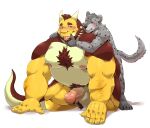  absurd_res anthro balls beard blush brown_body brown_hair dragon duo facial_hair fur genitals grey_body grey_fur hair hi_res horn hyaenid jumperbear kneeling male male/male mammal musclegut muscular muscular_anthro muscular_male nipples note_raygun nude pecs penis pubes simple_background size_difference spots spotted_body spotted_fur spotted_hyena tongue tongue_out white_background yellow_body 