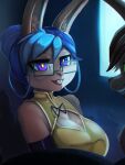  3:4 anthro big_breasts blue_hair breasts brown_body brown_fur buckteeth clothing duo female fur general-irrelevant green_eyes hair hi_res lagomorph lazuli_delarosa leporid mammal mits_(character) open_mouth purple_eyes rabbit smile square_glasses teeth yellow_clothing 