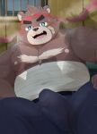  2022 absurd_res anthro band-aid bandage belly big_belly black_nose blush bodily_fluids bulge clothed clothing cute_fangs detailed_background erection erection_under_clothing hi_res humanoid_hands kemono male mammal moobs nipples overweight overweight_male solo_focus sweat ursid zuboboz 