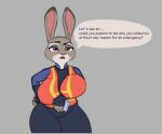  anthro big_breasts breasts clothed clothing disney english_text female fur grey_background grey_body grey_fur hi_res huge_breasts judy_hopps lagomorph leporid mammal mr_dark_and nipple_outline rabbit simple_background text zootopia 
