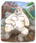  2022 5:6 anthro balls bathing belly big_belly blush detailed_background flaccid genitals hi_res hokolee32 humanoid_genitalia humanoid_hands humanoid_penis kemono male mammal moobs navel nipples one_eye_closed outside overweight overweight_male penis plant sitting solo towel towel_on_head tree ursid water white_body wink 