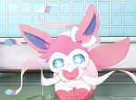  3_toes :3 ambiguous_gender bathroom bathtub blue_eyes blue_inner_ear bow_(feature) colored detailed_background digital_media_(artwork) ear_bow eeveelution feet feral front_view full-length_portrait fur glistening glistening_eyes hi_res hirochanu inside kemono leg_markings looking_at_viewer mammal markings monotone_tail multicolored_body multicolored_fur neck_bow nintendo pink_body pink_ears pink_fur pink_tail pok&eacute;mon pok&eacute;mon_(species) portrait pupils quadruped ribbons shaded smile socks_(marking) solo standing sylveon tile tile_wall toes two_tone_body two_tone_fur video_games wall_(structure) white_body white_fur white_pupils white_ribbon 