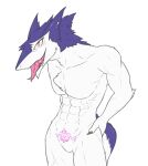  ambiguous_gender anthro blush claws ear_piercing facial_piercing hi_res keyshop_miss lip_piercing lip_ring looking_at_viewer muscular muscular_ambiguous muscular_anthro nude piercing sergal solo tattoo tongue tongue_out white_body womb_tattoo 