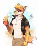  2022 5_fingers abs anthro canid canine claws clothed clothing day detailed_background digital_media_(artwork) facial_hair fingers forest fox fumiko grass hi_res male mammal mustache nipples outside plant smile solo tree 