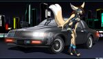  2022 anthro black_nose breasts brown_hair buick buick_grand_national canid canine car city clothed clothing cyberpunk detailed_background digital_media_(artwork) domestic_cat eyewear feet felid feline felis female fennec fingers fox fur glasses hair mammal neon night outside solo tales_foxdale tan_body tan_fur toes tongue tongue_out vehicle white_body white_fur 