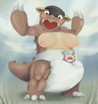  absurd_res anthro big_breasts blush blush_lines breasts claws clothed clothing diaper female grass_field hi_res kangaskhan looking_at_viewer mtmcats muscular nintendo open_mouth painting_(artwork) pok&eacute;mon pok&eacute;mon_(species) raised_arms red_eyes simple_background solo spiked_tail spikes spikes_(anatomy) topless traditional_media_(artwork) video_games 