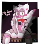  2022 4_fingers animatronic anthro balls big_balls big_eyes big_penis black_nose bodily_fluids bow_tie canid canine claws dialogue digital_media_(artwork) dripping english_text erection eyelashes fingers five_nights_at_freddy&#039;s fox funtime_foxy_(fnaf) genital_fluids genitals glans grey_body hand_on_own_penis hand_on_penis hi_res holding_penis huge_balls huge_penis humanoid_genitalia humanoid_penis long_eyelashes machine male mammal multicolored_body nude penis pink_body pink_glans precum precum_drip presenting presenting_penis robot rosy_cheeks scottgames shaded signature simple_background sitting smile solo teeth text video_games white_body whynotwynaut yellow_eyes 