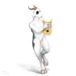  1:1 2022 anthro biped ear_piercing ear_ring eyes_closed flaccid genitals harp hi_res hooves horn male musical_instrument nude open_mouth penis piercing plucked_string_instrument satyr simple_background solo standing string_instrument suule white_background 